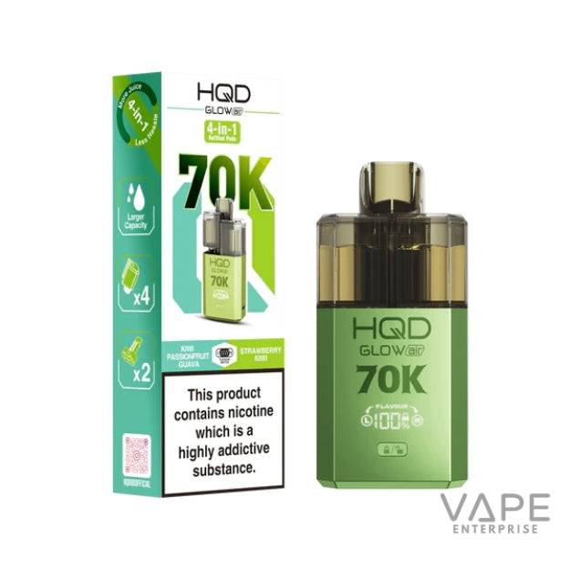 HQD Glow 70K vape device and packaging in green with kiwi passionfruit guava and strawberry kiwi flavor label