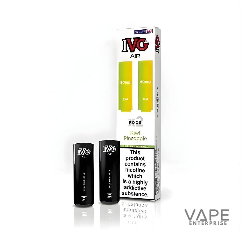 IVG Air Kiwi Pineapple vape pods with nicotine warning label and black 2ml cartridges