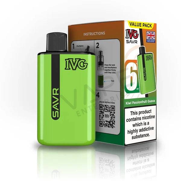 Green IVG SAVR disposable vape device next to Kiwi Passionfruit Guava flavor box with nicotine warning