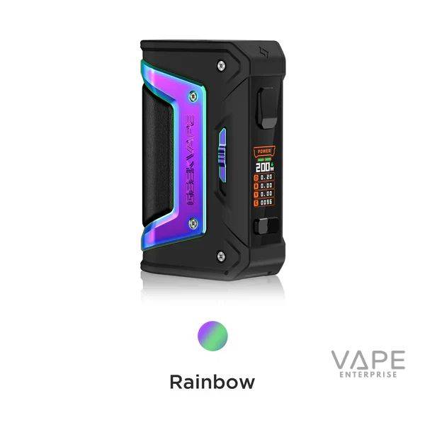 Black vape mod with rainbow metallic accents and digital display showing 200W power setting