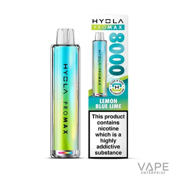 Hyola Pro Max 8000 disposable vape device in lemon blue lime flavor with nicotine warning label
