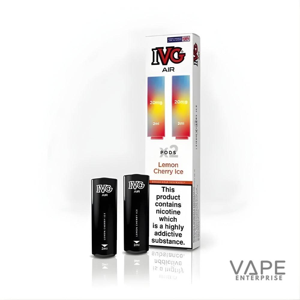 IVG Air Lemon Cherry Ice vape pods pack with two black 2ml pods and nicotine warning