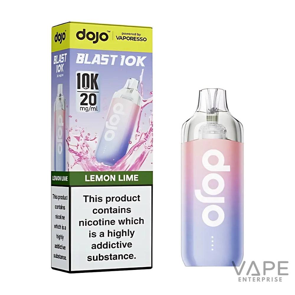 Dojo Blast 10K disposable vape in lemon lime flavor with pink and blue gradient design and nicotine warning