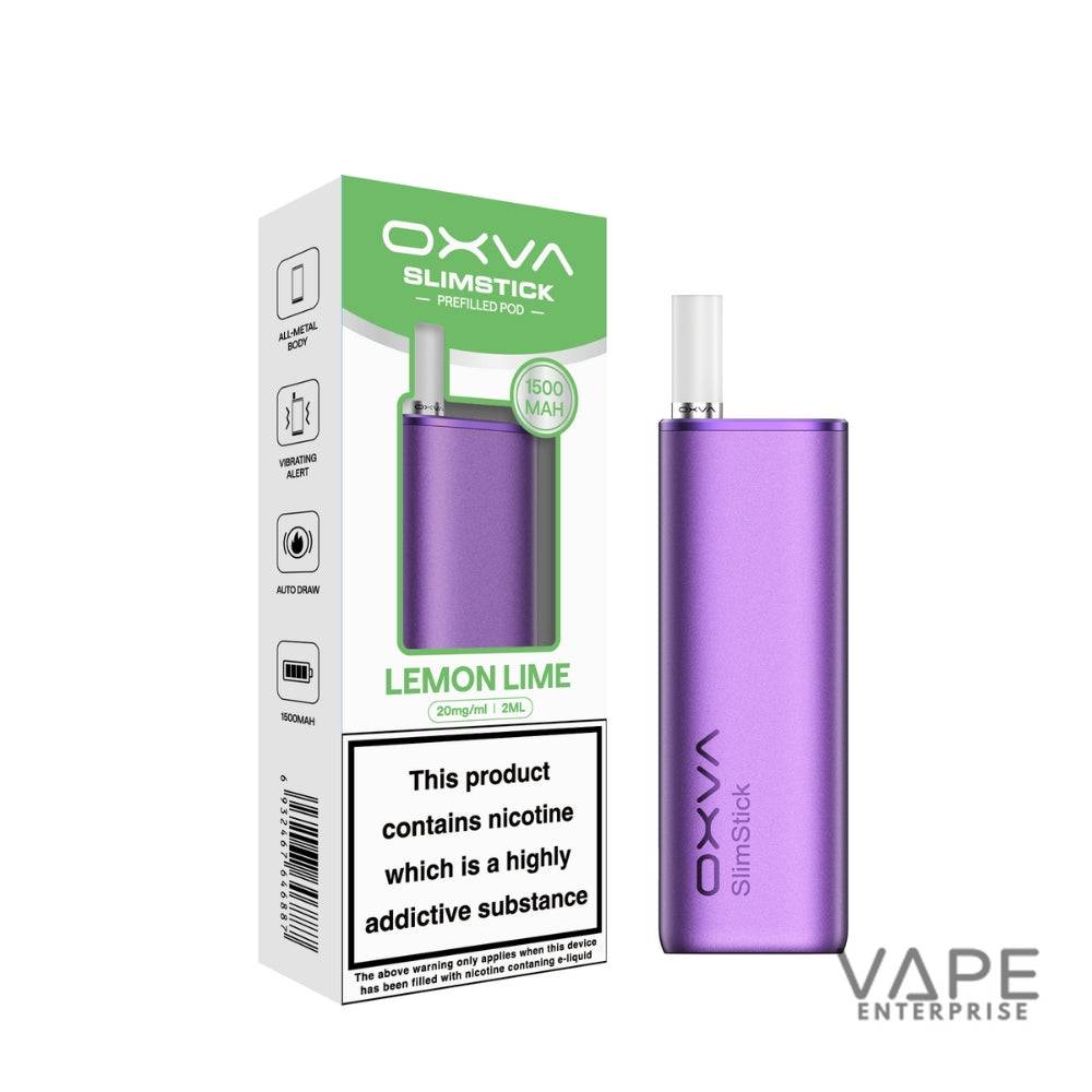 Purple OXVA Slimstick Lemon Lime prefilled vape pod with 1500mAh battery and nicotine warning