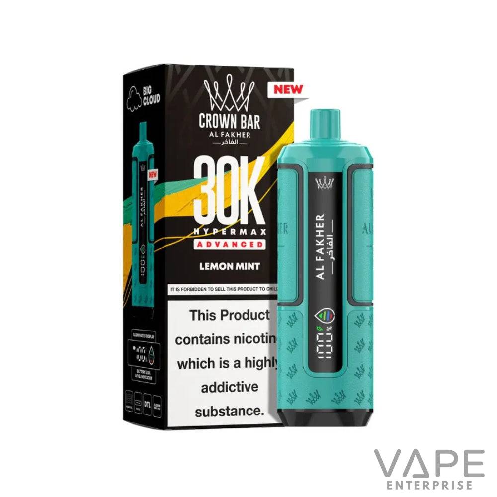 Al Fakher Crown Bar 30K Hypermax Advanced Lemon Mint disposable vape with teal design and nicotine warning box