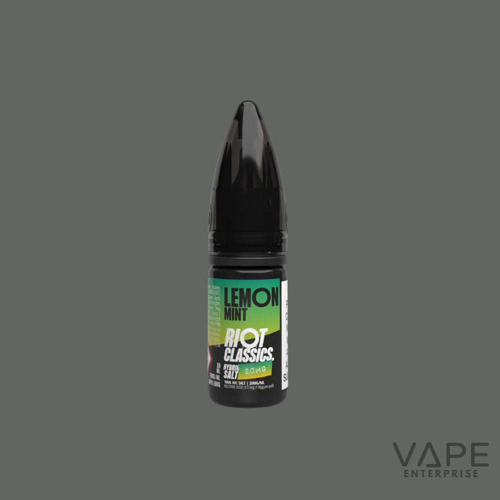 Vape juice bottle labeled 'Lemon Mint' by 'Riot Classics' on a gray background