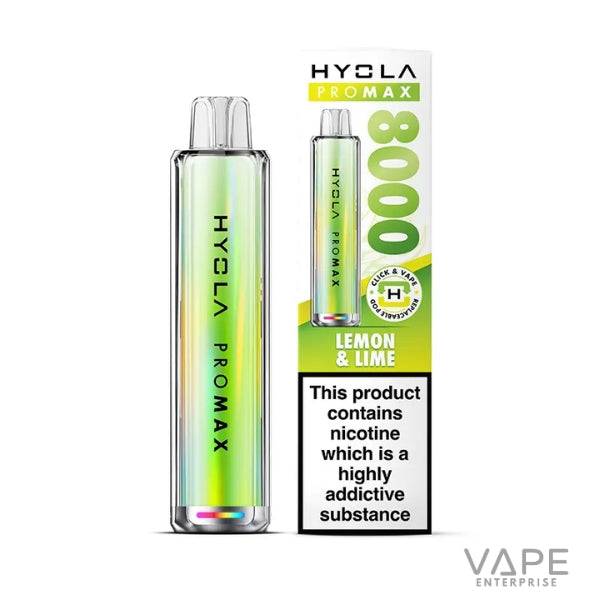 Hyola Pro Max 8000 disposable vape device and lemon lime flavored packaging with nicotine warning