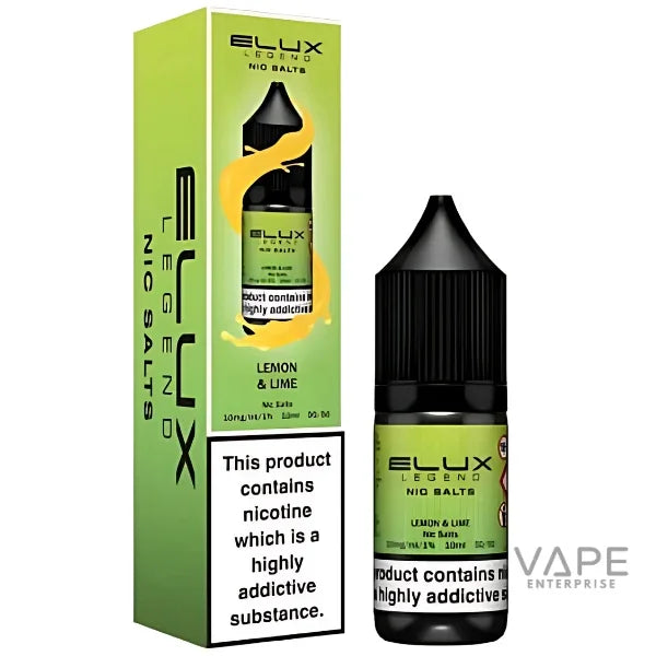 Elux Legend Nic Salts Lemon & Lime vape liquid bottle and packaging, 10ml 10mg nicotine