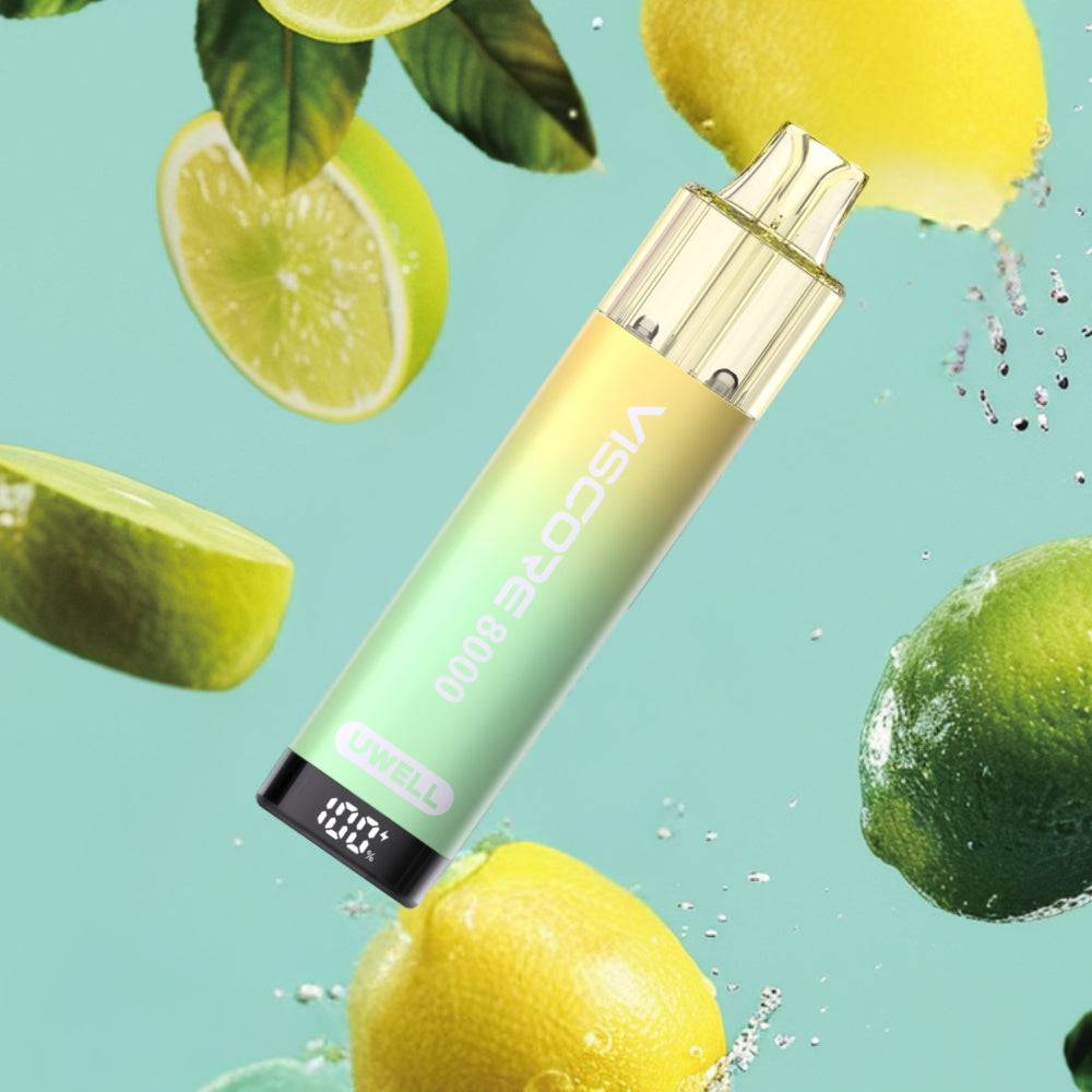UWELL Viscopo 8000 disposable vape with lemon and lime fruit slices on blue background