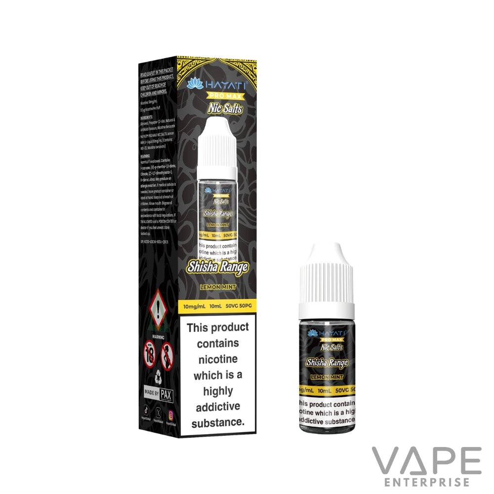Hayati Pro Max Nic Salts Shisha Range Lemon Mint e-liquid bottle and box with nicotine warning