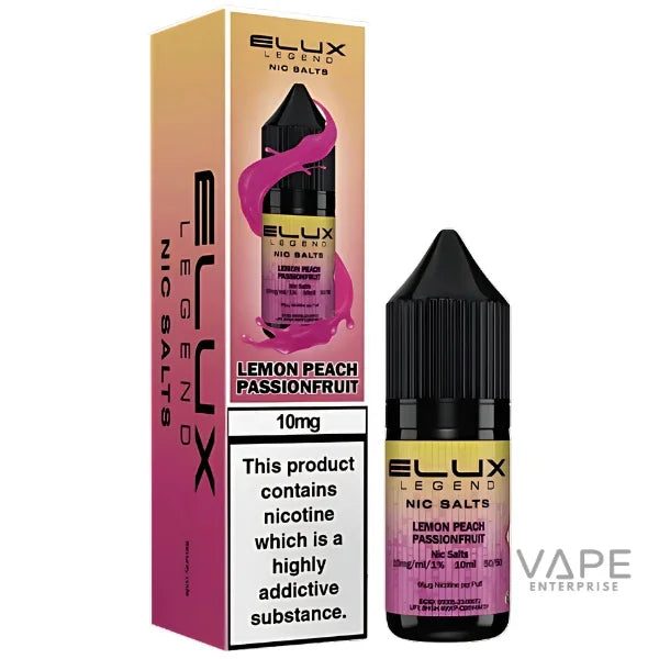 Elux Legend Nic Salts 10mg Lemon Peach Passionfruit vape liquid with packaging