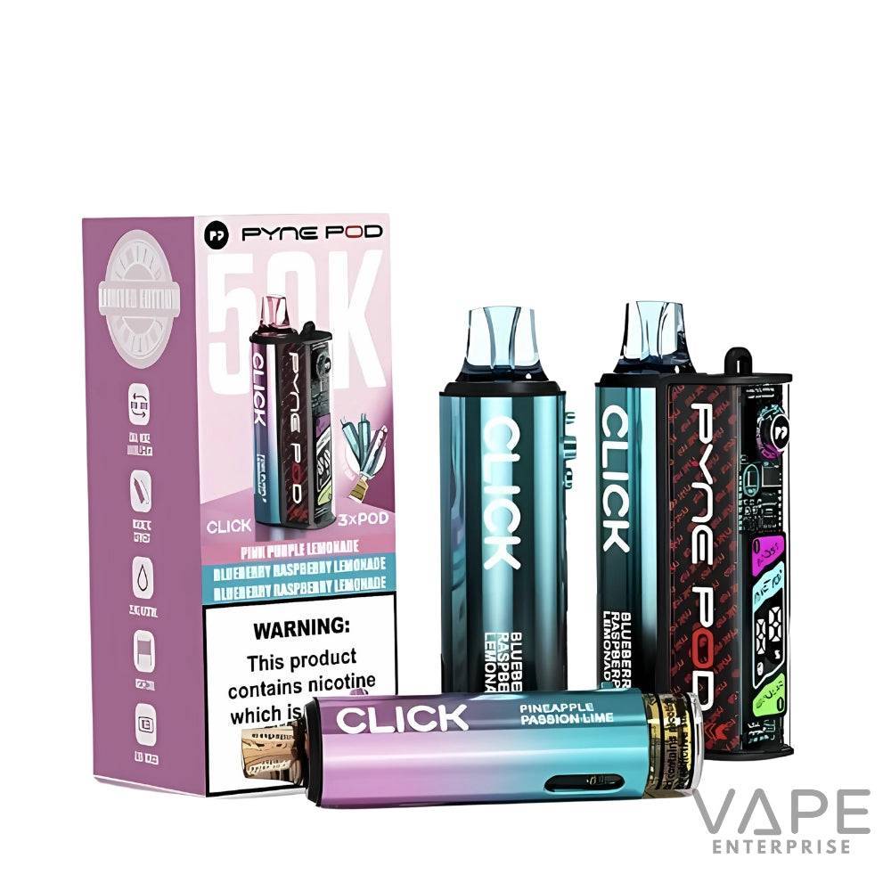 Pyne Pod Click vape devices and limited edition pink box with blueberry raspberry lemonade flavor