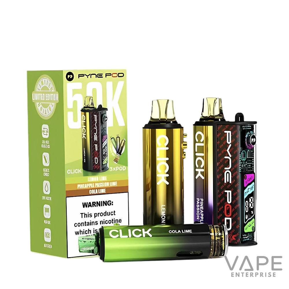Pyne Pod 50K limited edition disposable vapes in lemon lime, pineapple passion, and cola lime flavors with packaging