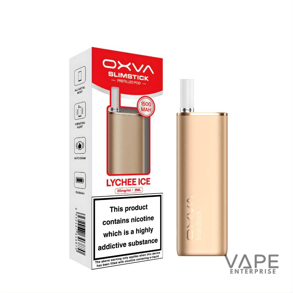 Oxva Slimstick Lychee Ice prefilled vape pod with 1500mAh battery and nicotine warning