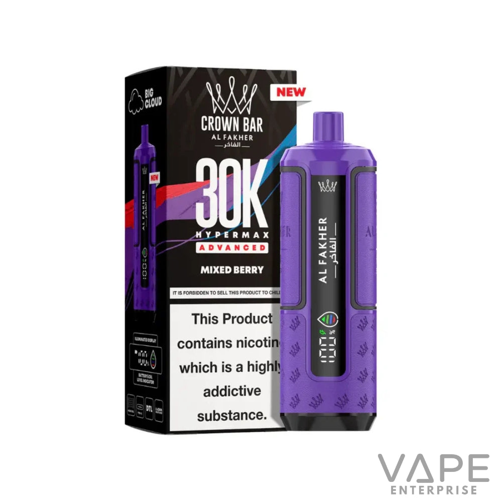 Purple Crown Bar Al Fakher 30K Hypermax Advanced Mixed Berry vape device with packaging