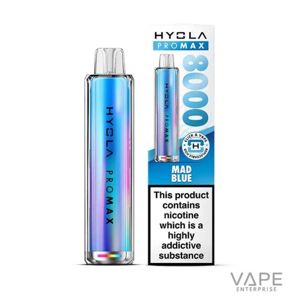 Hyola Pro Max 8000 disposable vape in Mad Blue with nicotine warning label on packaging