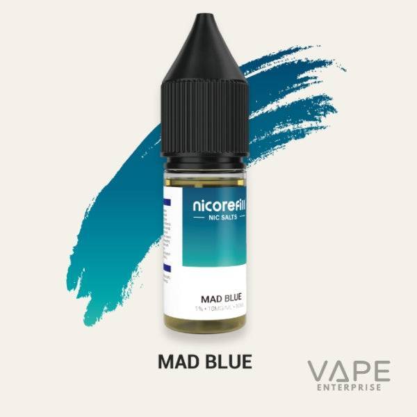 Nicorefill Mad Blue nicotine salt vape juice bottle with blue brushstroke background
