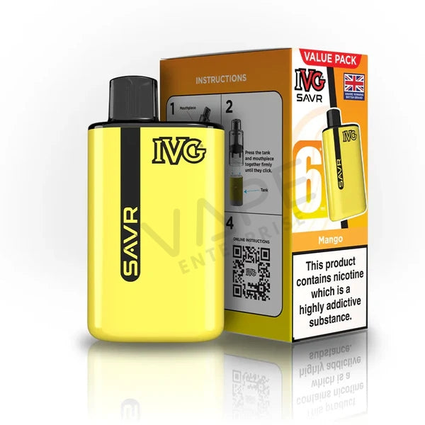Yellow IVG SAVR Mango disposable vape device with packaging and nicotine warning label