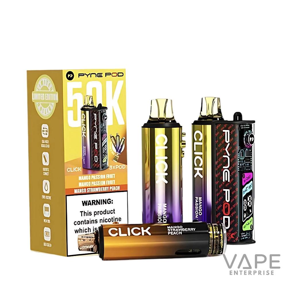 Pyne Pod Click disposable vape pods with mango passion fruit and strawberry peach flavors next to gold limited edition box
