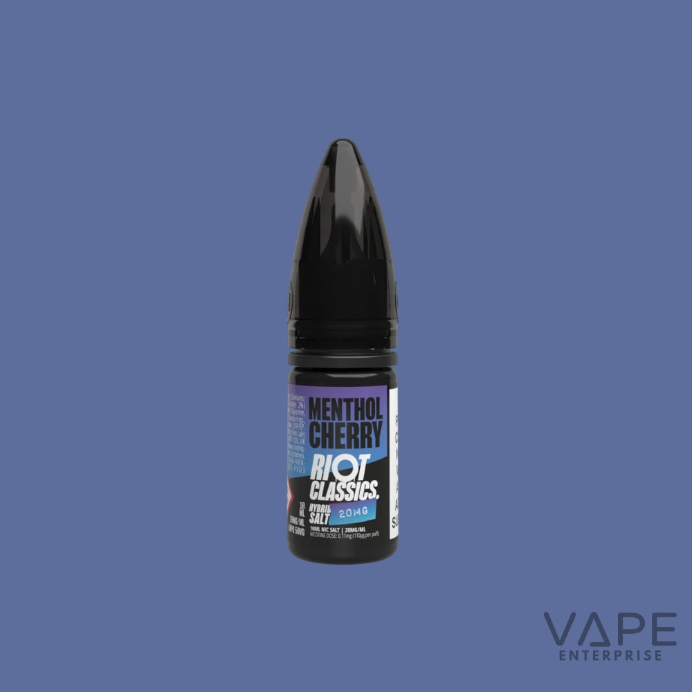 Vape juice bottle with 'Menthol Cherry' flavor on a blue background