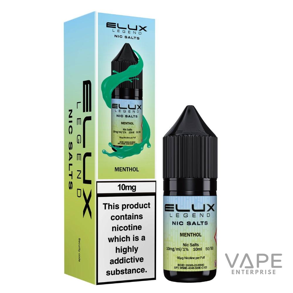 Elux Legend Nic Salts Menthol vape juice packaging and bottle on a white background