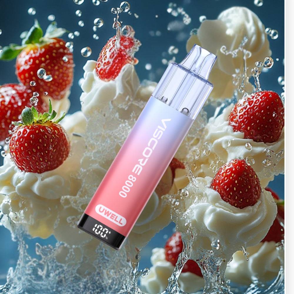 UWELL Viscop Disposable Vape 8000 with milky strawberry cream and water splash background