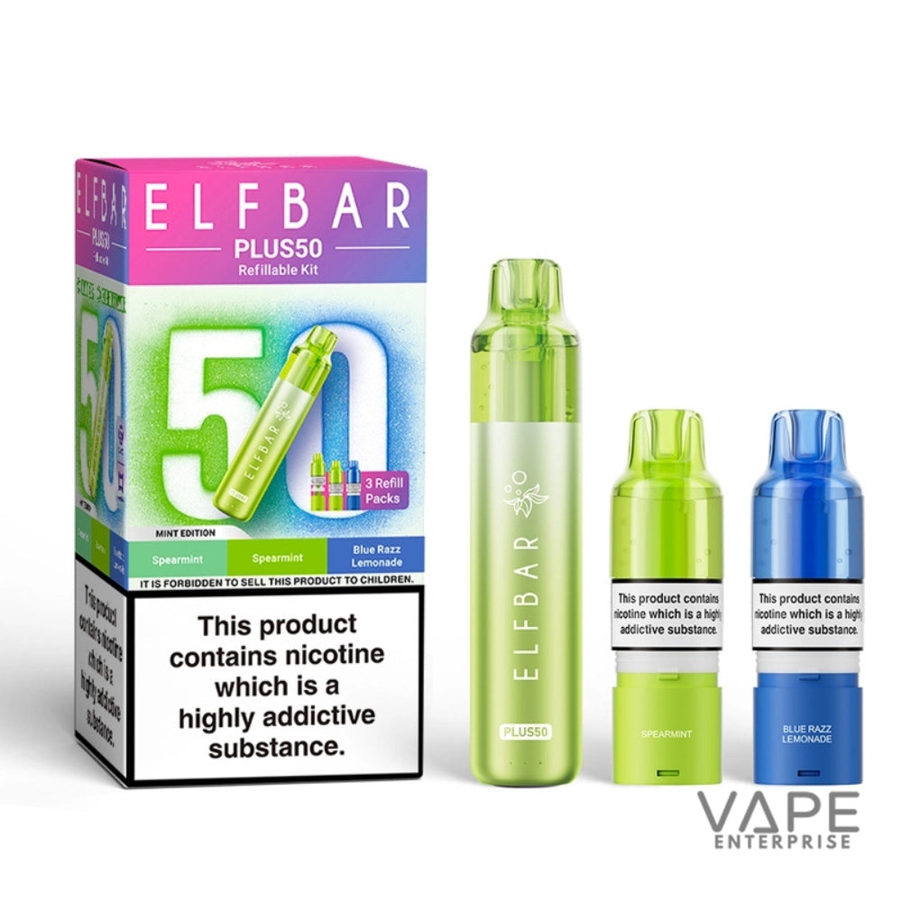 Elf Bar Plus50 refillable kit packaging with two vape devices on a white background