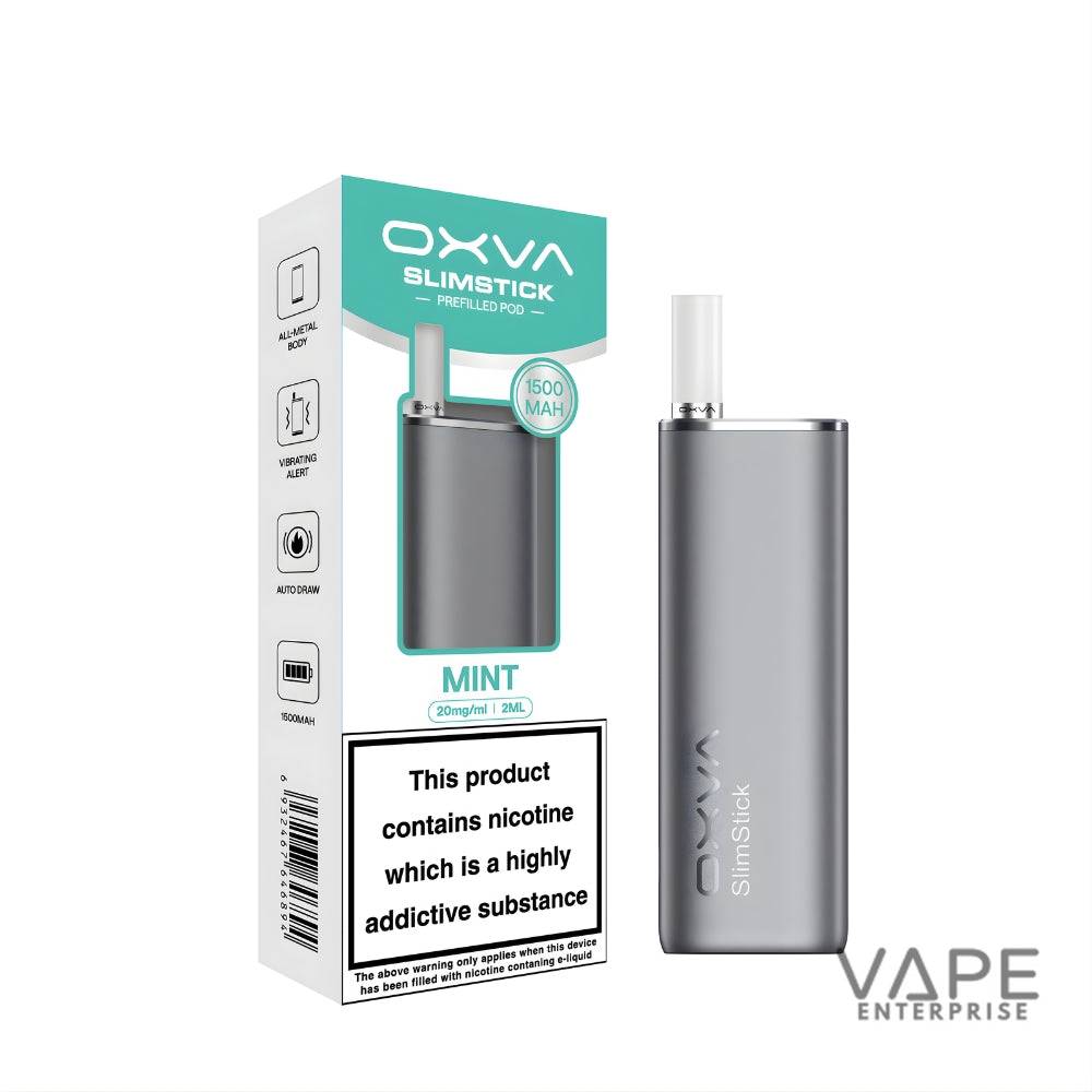 OXVA Slimstick Mint prefilled pod vape device with 1500mAh battery and nicotine warning