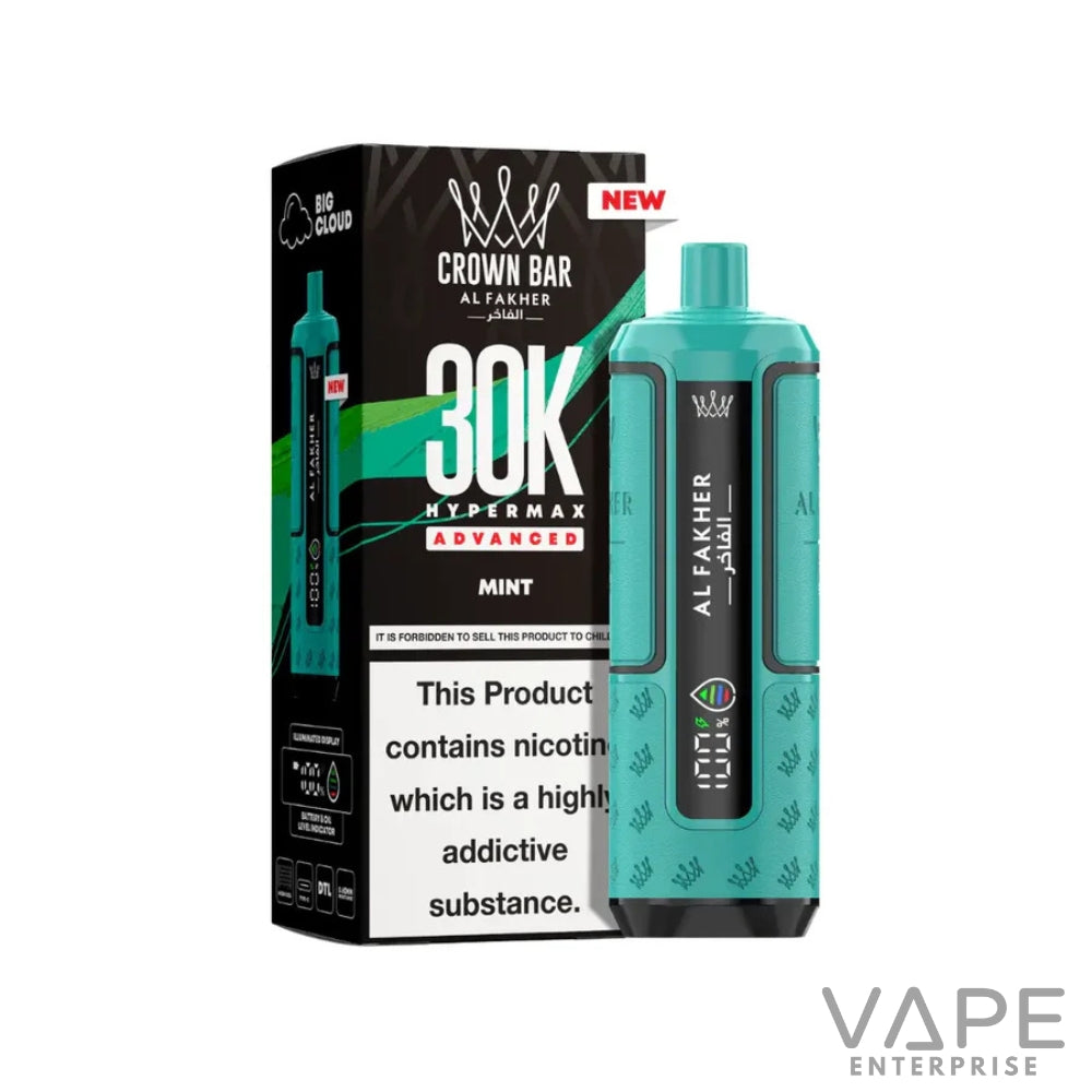 Al Fakher Crown Bar 30K Advanced Mint disposable vape device and black packaging with nicotine warning