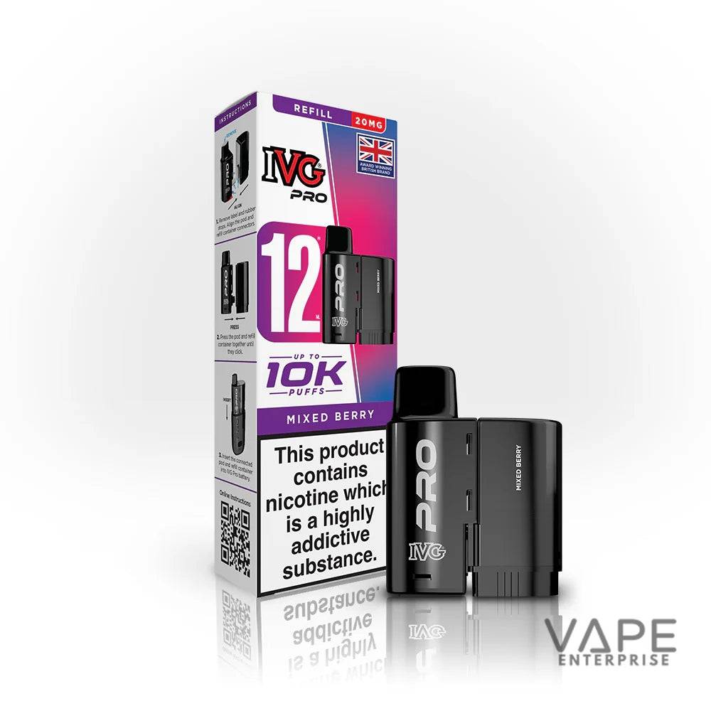 IVG Pro disposable vape device and packaging, mixed berry flavor, 12ml, 20mg nicotine, up to 10K puffs