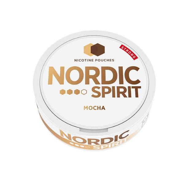 Nordic Spirit Mocha nicotine pouches can with white lid and brown text, labeled strong flavor