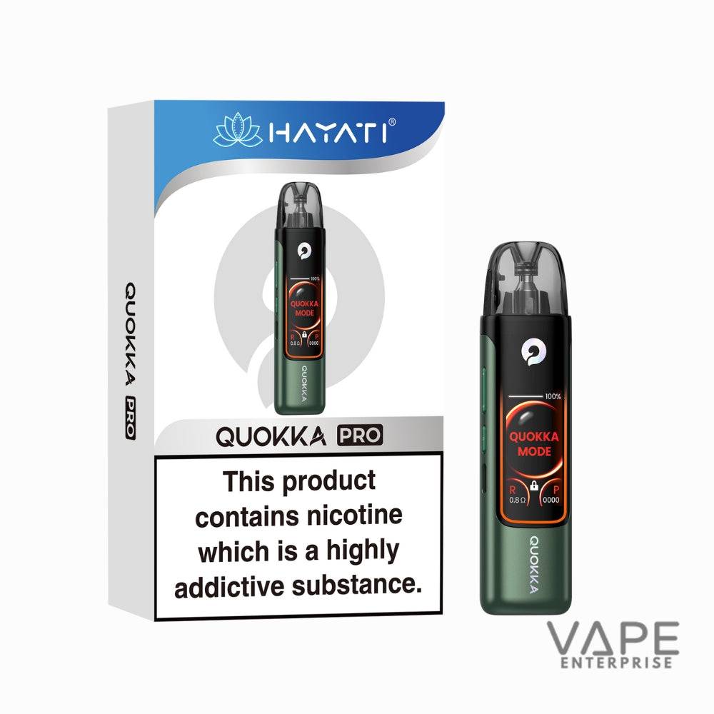 Quokka Pro vape device in moss green with digital display and nicotine warning on packaging