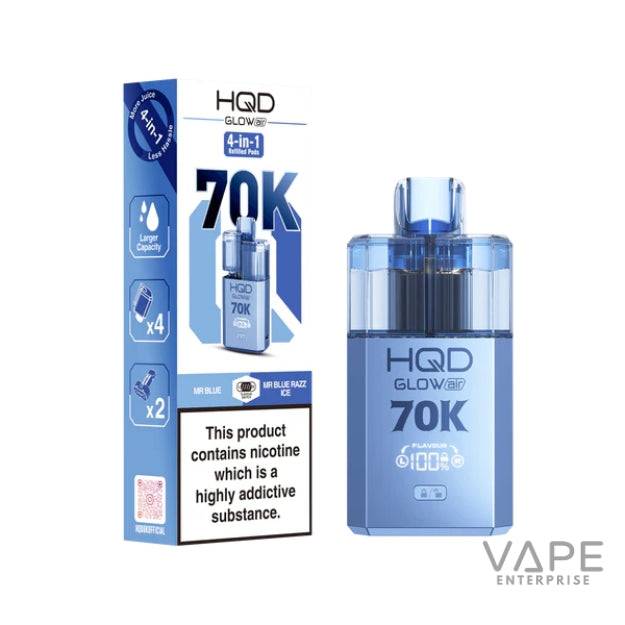HQD Glow Air 70K vape device and packaging in blue, featuring MR Blue and MR Blue Razz Ice flavors