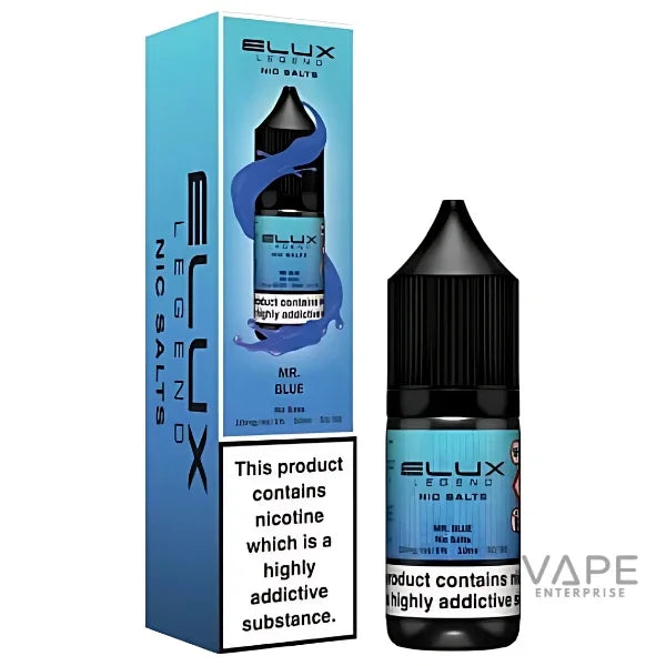 Elux Legend Nic Salts Mr. Blue vape liquid bottle and packaging, 10ml 20mg, blue design