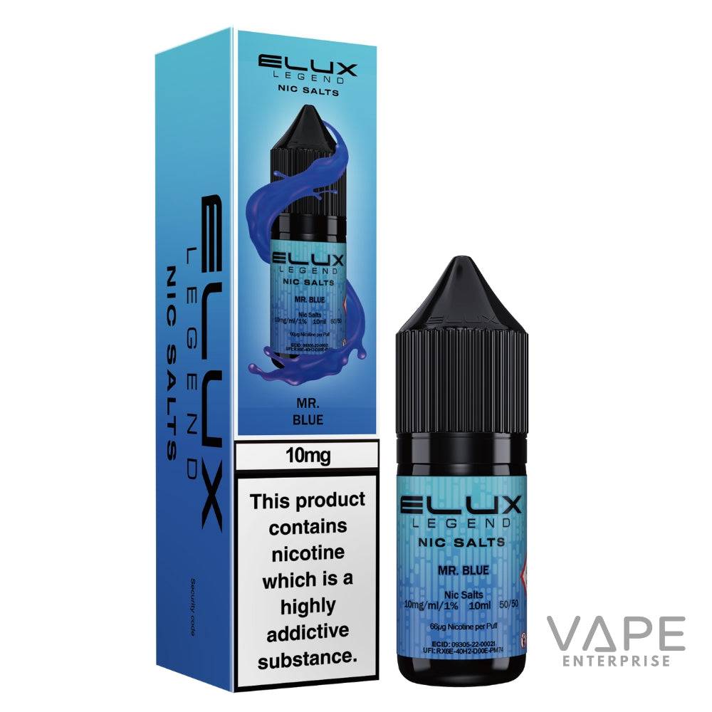 Elux Legend Nic Salts MR Blue vape juice bottle and packaging on a white background