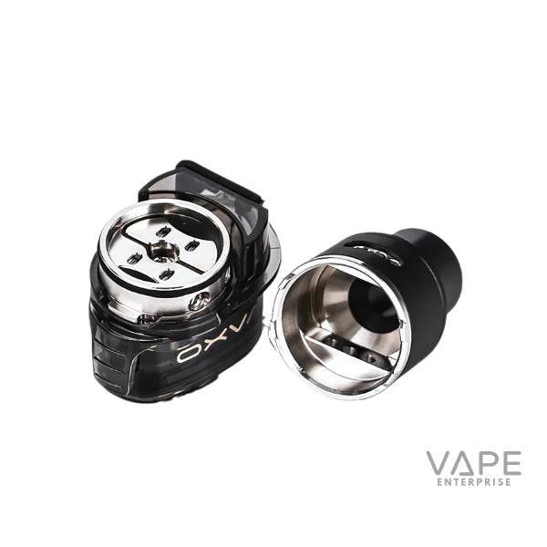 OXVA Origin X L-shaped RBA tank components with metal and black plastic design on white background