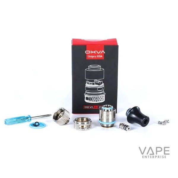 OXVA Unipro RBA coil vape kit with disassembled components and blue screwdriver on white background