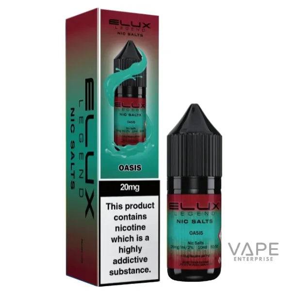 Elux Legend Nic Salts Oasis 20mg vape liquid bottle and packaging, premium refillable vape kit accessory