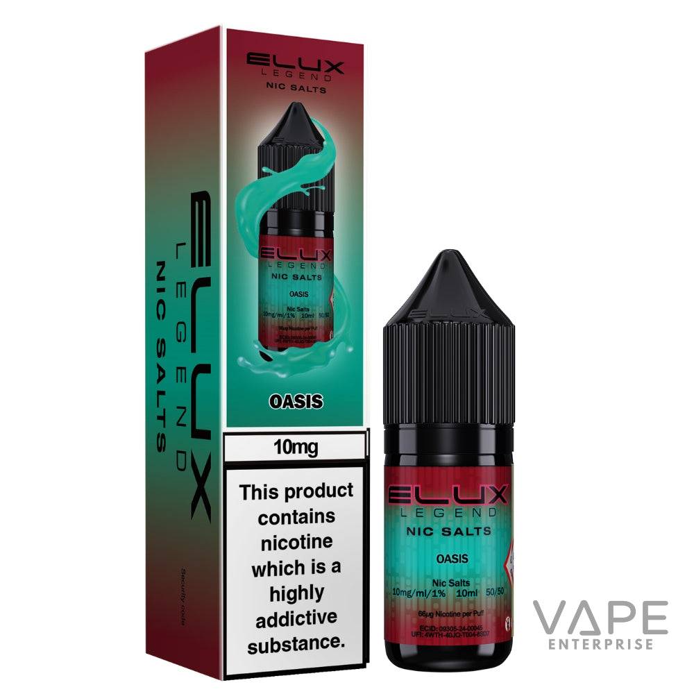 Elux Legend Nic Salts Oasis vape juice bottle and packaging on a white background