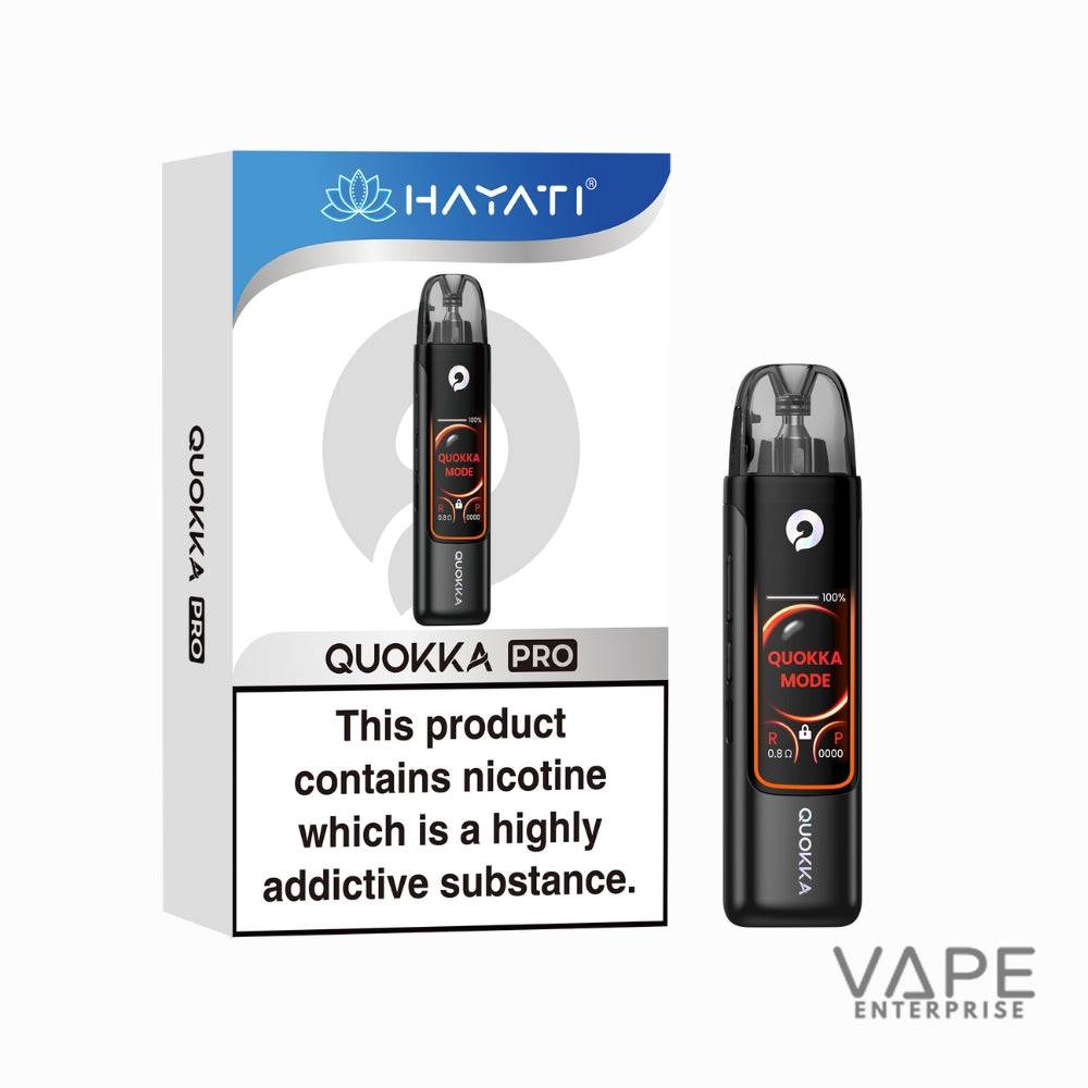 Hayati Quokka Pro black vape device with digital screen and nicotine warning on packaging