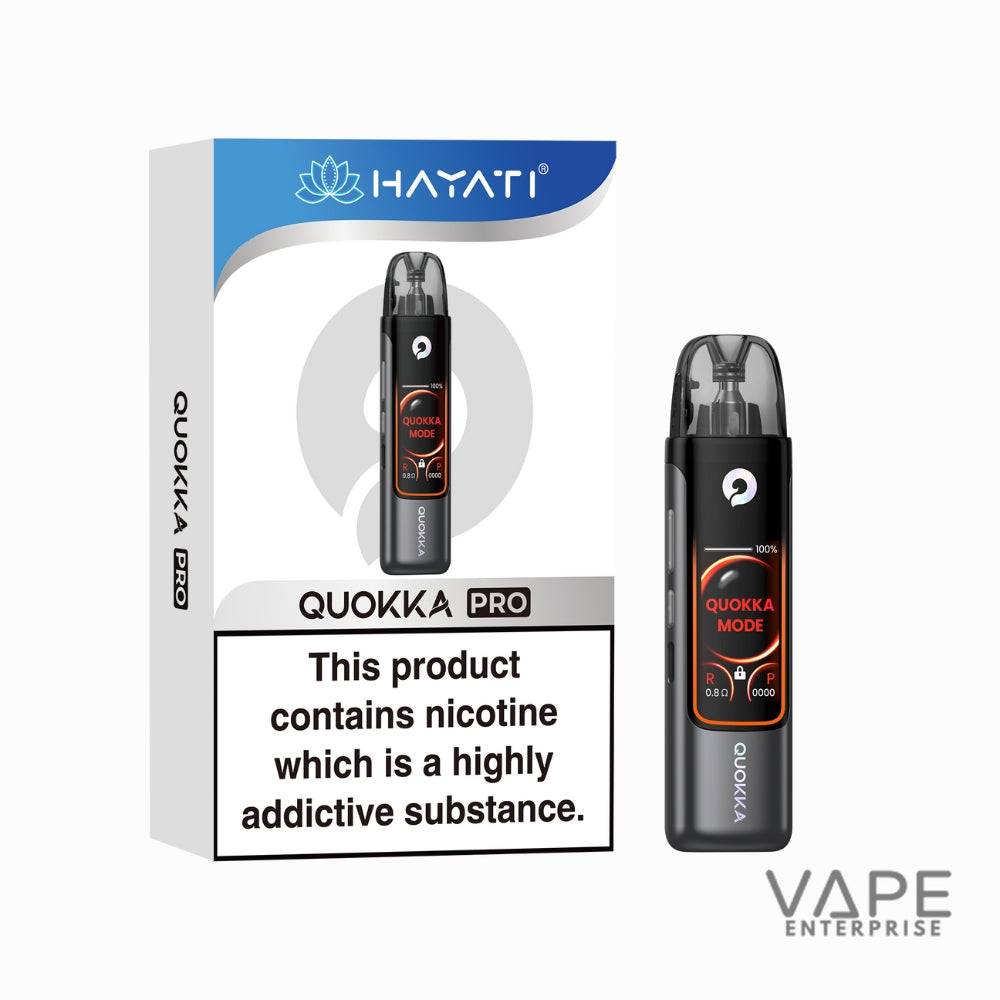 Hayati Quokka Pro vape device in black with digital screen showing Quokka mode, nicotine warning on packaging