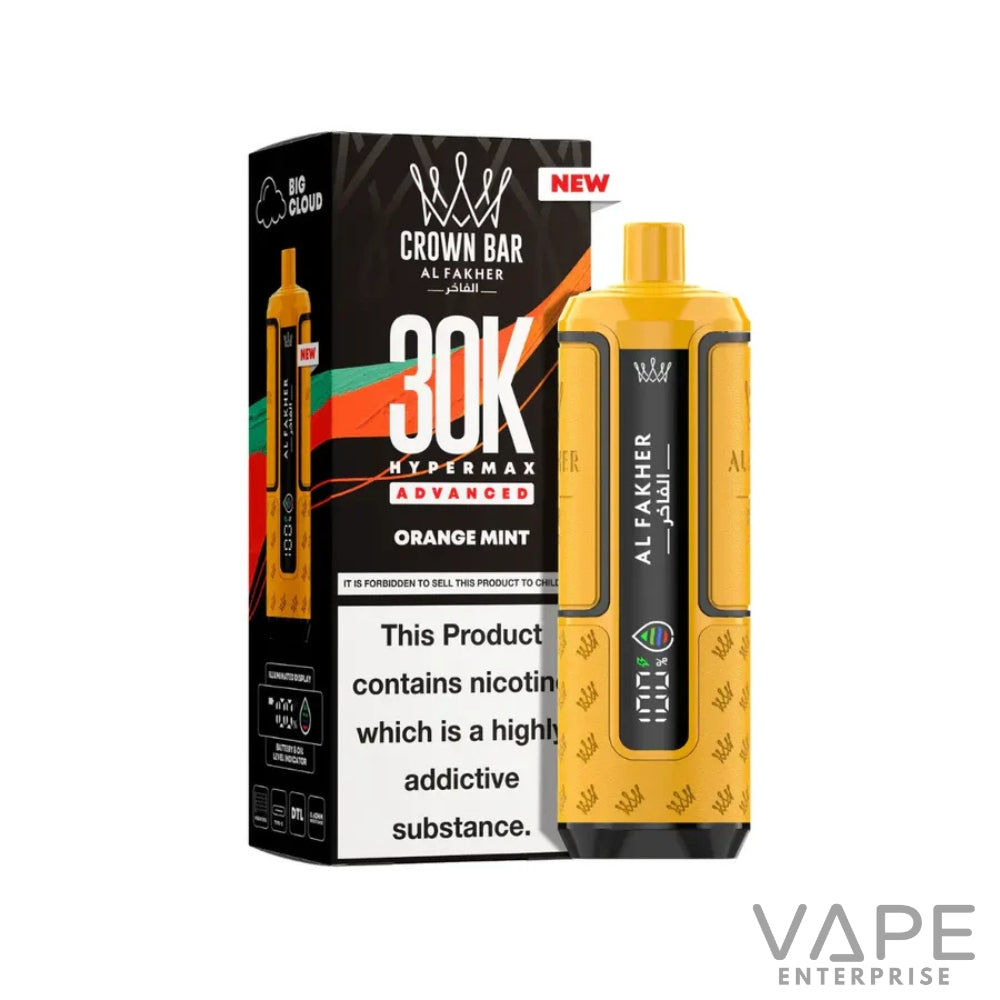 Al Fakher Crown Bar 30K HyperMax disposable vape in orange mint flavor with packaging and nicotine warning