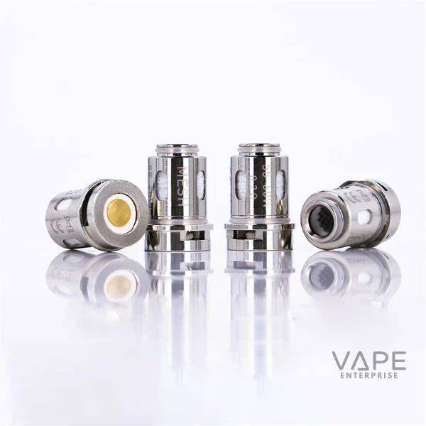 Close-up of four Oxva Unicoil 0.2 ohm mesh replacement vape coils on reflective surface