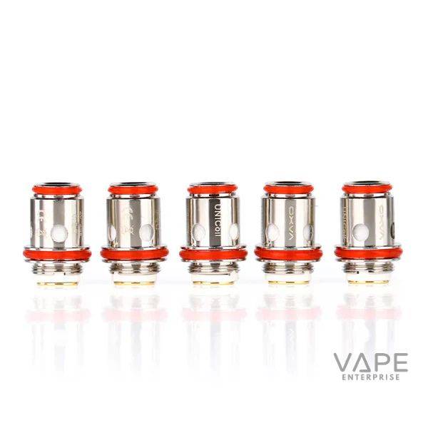 Five Oxva Unicoil 0.3 ohm mesh replacement coils with red seals for vaping devices on white background