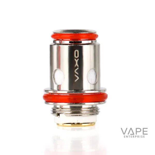 Close-up of an Oxva Unicoil replacement coil with red sealing rings for vaping devices