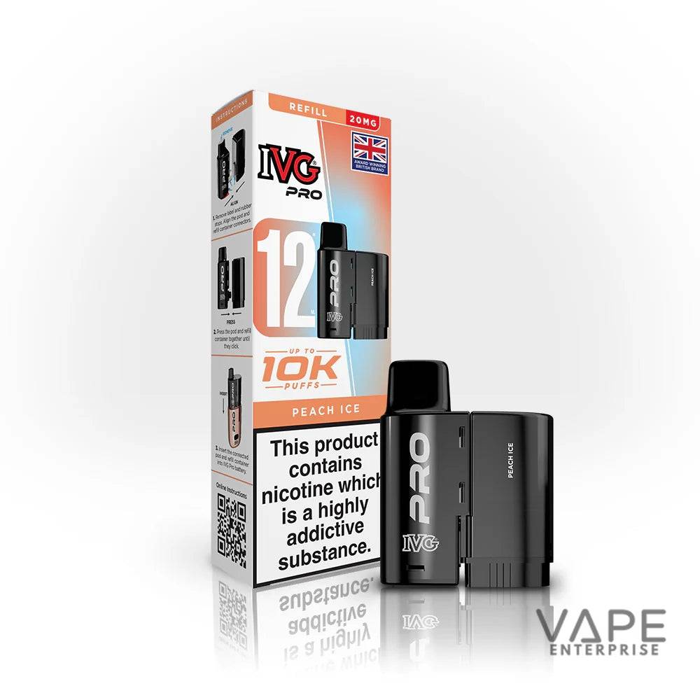 IVG Pro Peach Ice vape pod with 12ml, 20mg nicotine, up to 10K puffs, refillable vape device