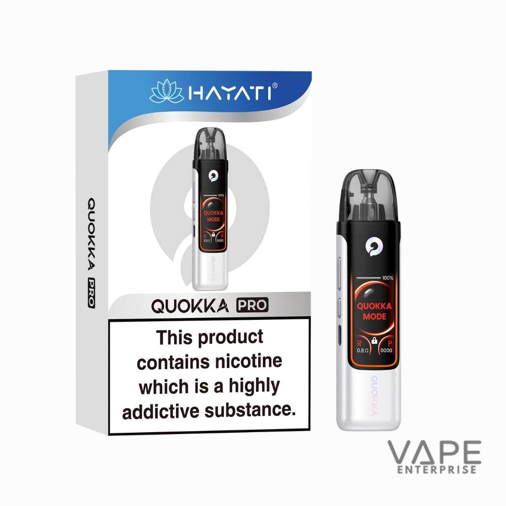 Hayati Quokka Pro electronic vape device and packaging with nicotine addiction warning