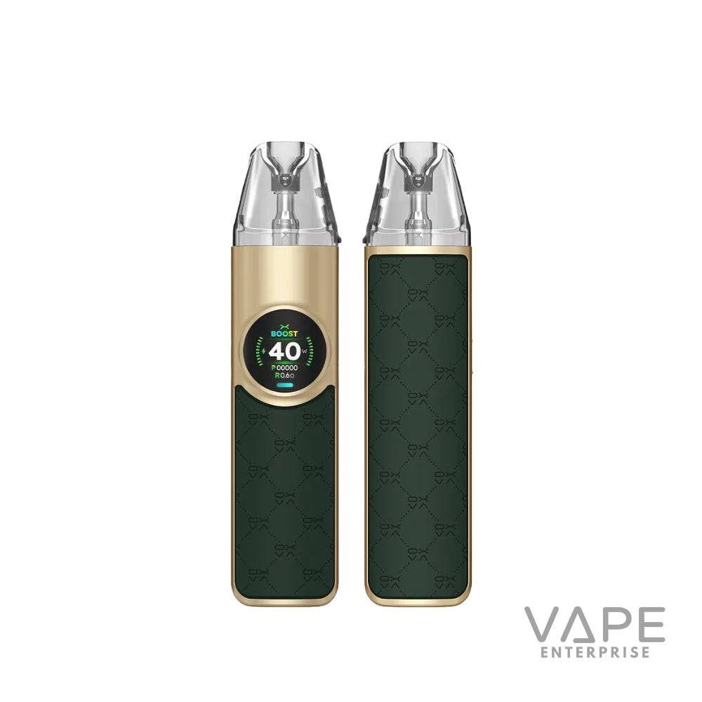 front and back view of a sleek gold and pine green vape device with digital screen and transparent mouthpiece