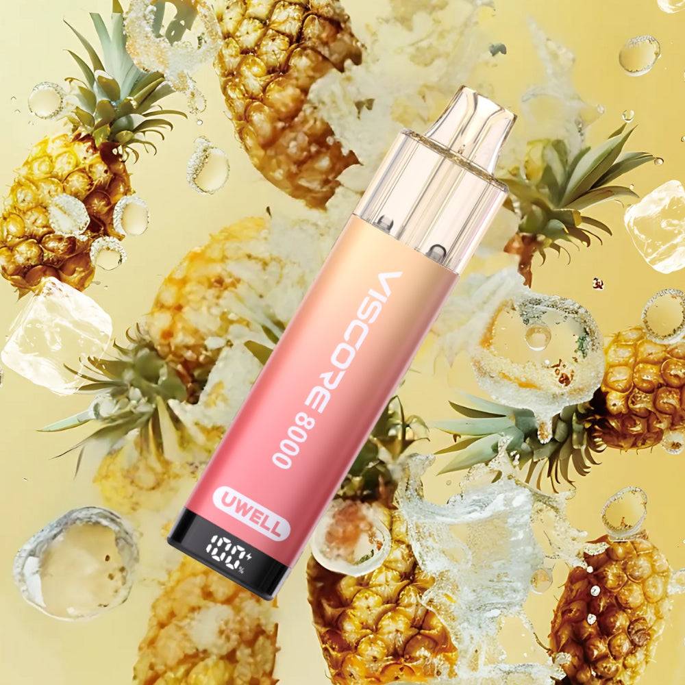 UWELL Viscape 8000 disposable vape in pineapple ice flavor with ice cubes and splashing water
