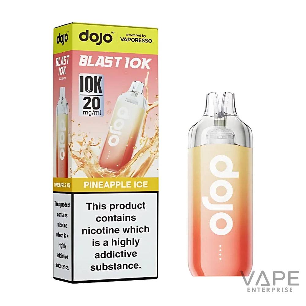 Dojo Blast 10K Pineapple Ice disposable vape with 20mg nicotine, packaging and device in gradient yellow-orange